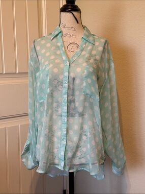 Wet Seal Mint Green Polka Dot Sheer Button-Up Blouse